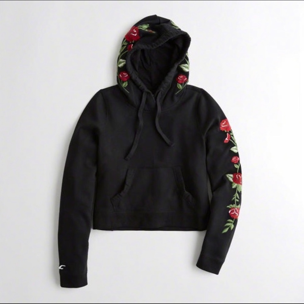 Hollister Black cropped hoodie with roses
